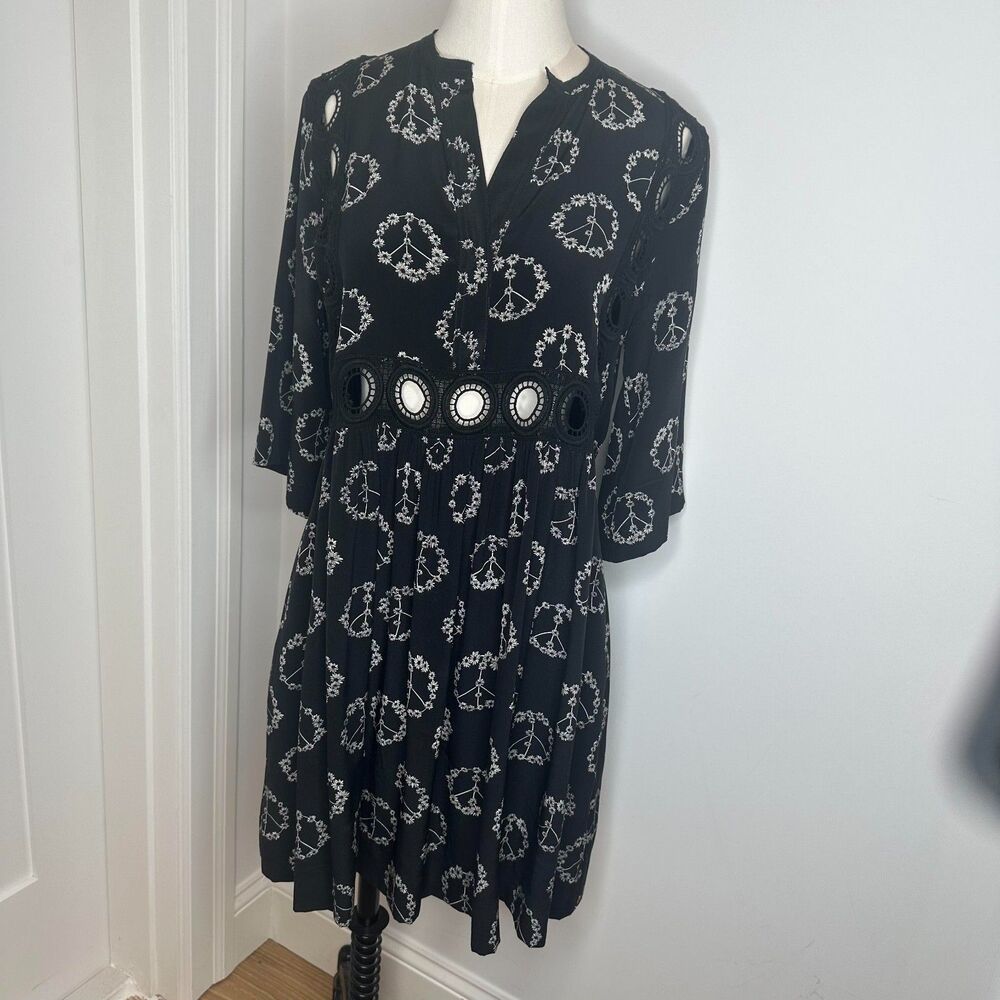 Sandro Paris Black Silk Dress Peace Sign Daisy Print Boho Cutout Waist S